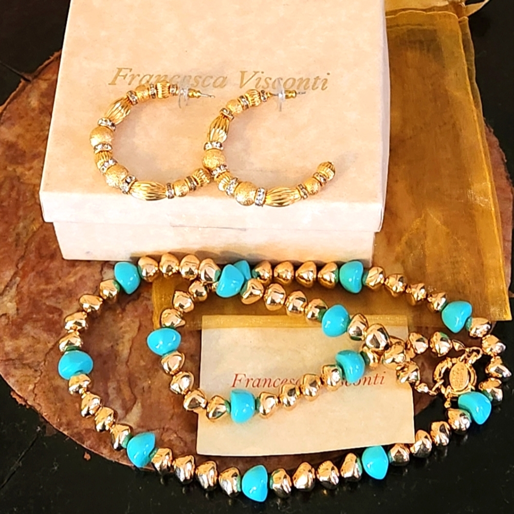 Francesca Visconti Gold & Faux Turquoise Hoop Earrings & 24 In Necklace Set NIB